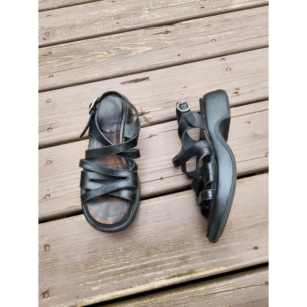 Vintage 90s Y2K Dansko Strappy Leather Platform Sandals Black Wedge Buckle 38